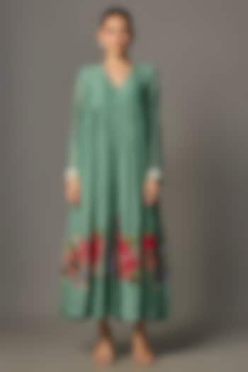 Blue Fine Chanderi Embroidered Flared Tunic by Half Full Curve at Pernia's Pop Up Shop