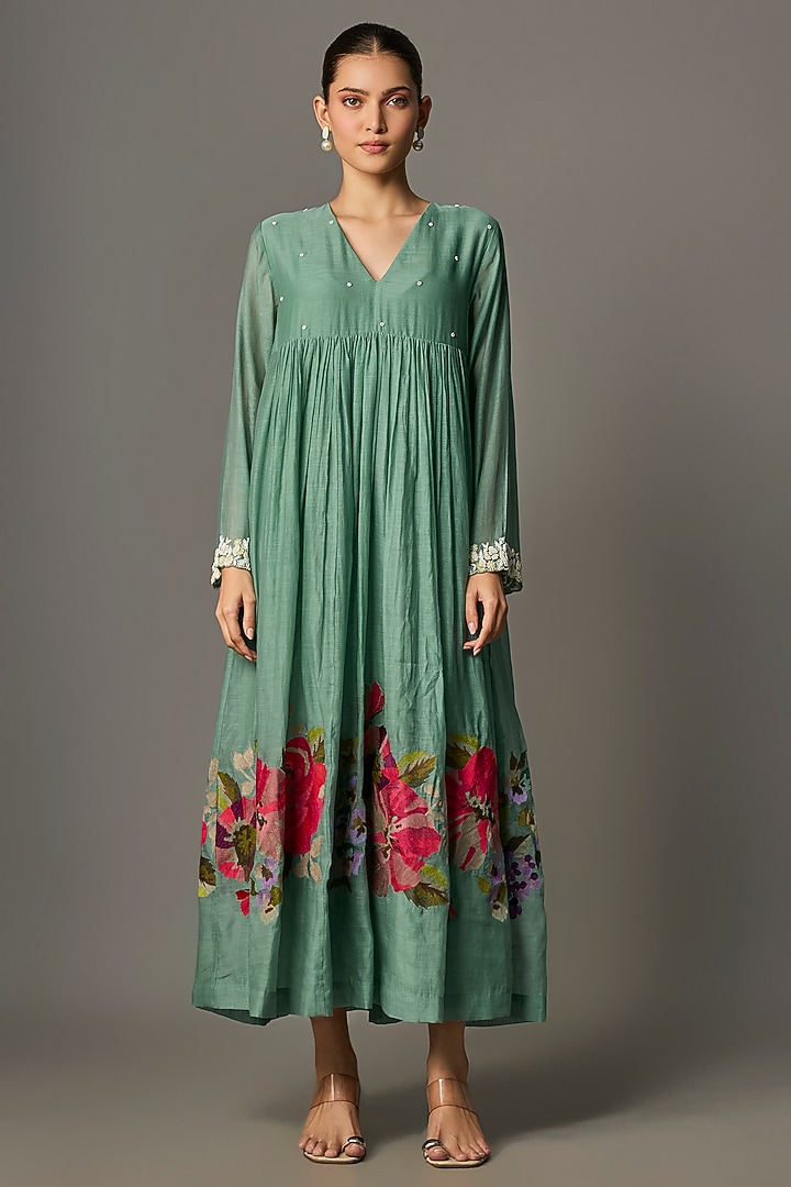 Blue Fine Chanderi Embroidered Flared Tunic by Half Full Curve at Pernia's Pop Up Shop