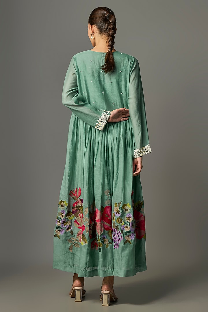 Blue Fine Chanderi Embroidered Flared Tunic by Half Full Curve at Pernia's Pop Up Shop