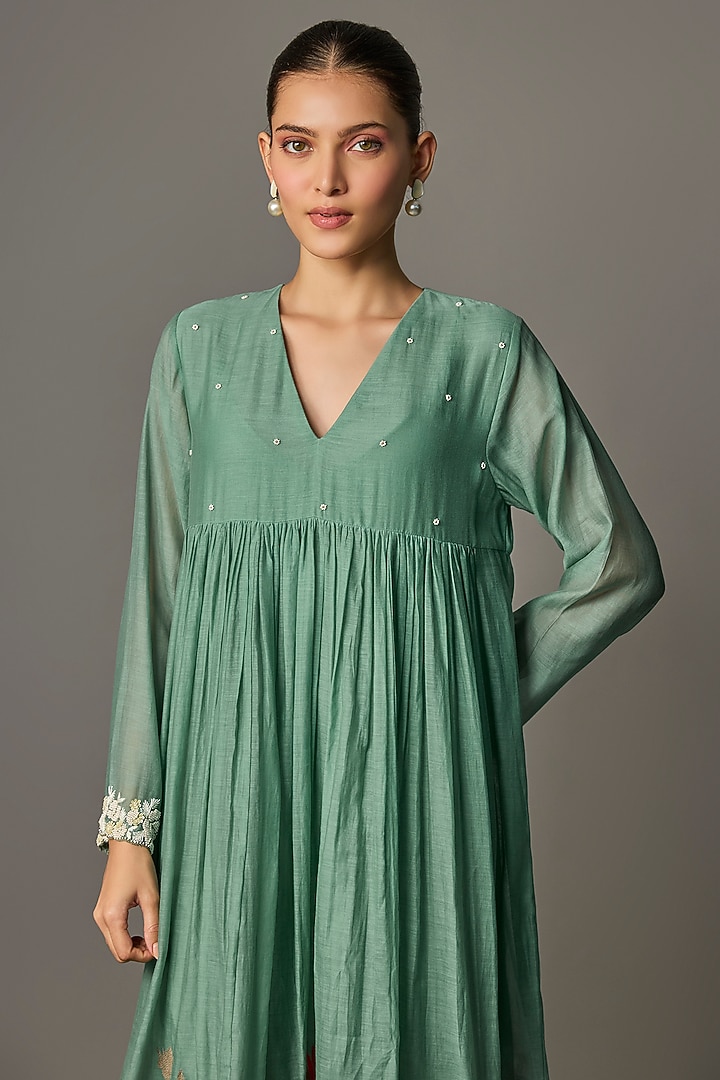Blue Fine Chanderi Embroidered Flared Tunic by Half Full Curve at Pernia's Pop Up Shop
