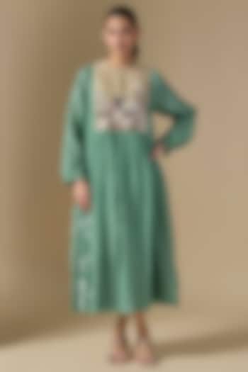 Blue Fine Chanderi Hand Embroidered Vacation Dress by Half Full Curve at Pernia's Pop Up Shop