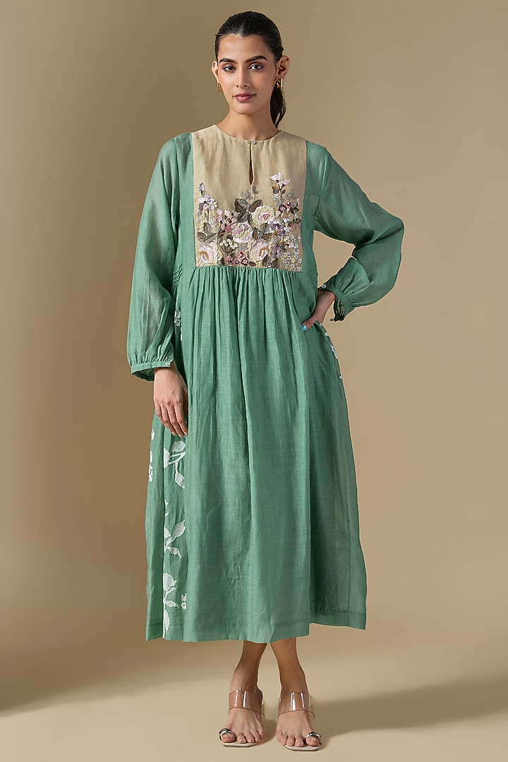 Blue Fine Chanderi Hand Embroidered Vacation Dress by Half Full Curve at Pernia's Pop Up Shop