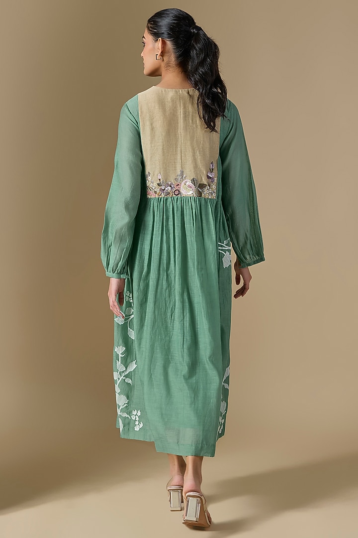 Blue Fine Chanderi Hand Embroidered Vacation Dress by Half Full Curve at Pernia's Pop Up Shop
