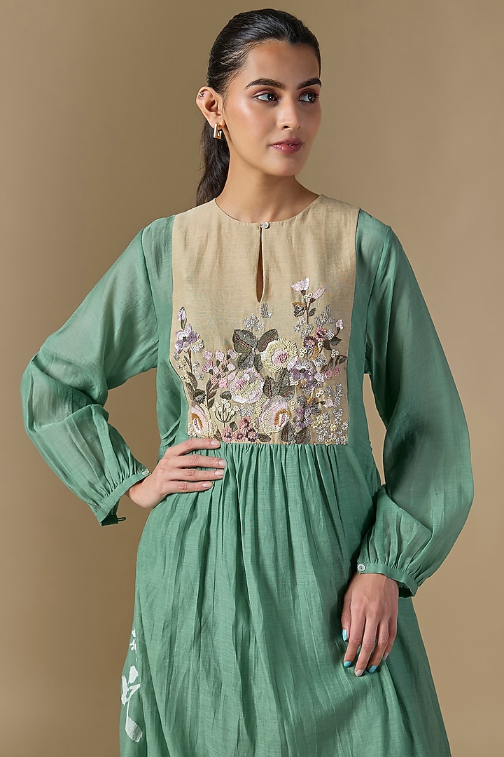 Blue Fine Chanderi Hand Embroidered Vacation Dress by Half Full Curve at Pernia's Pop Up Shop