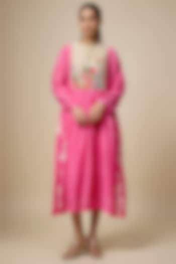 Pink Fine Chanderi Floral Embroidered Gathered Vacation Dress by Half Full Curve at Pernia's Pop Up Shop