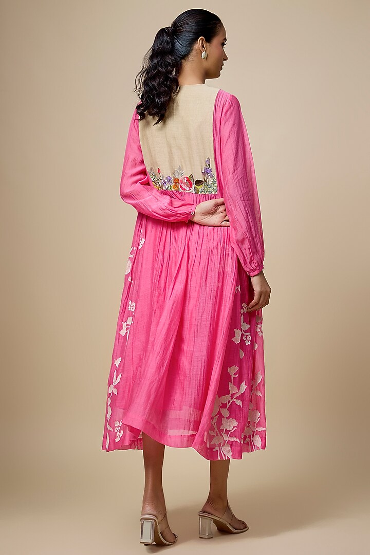 Pink Fine Chanderi Floral Embroidered Gathered Vacation Dress by Half Full Curve at Pernia's Pop Up Shop