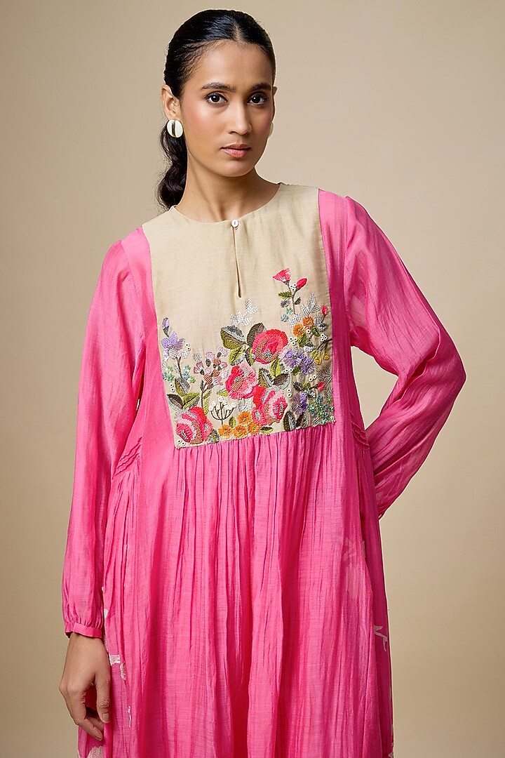 Pink Fine Chanderi Floral Embroidered Gathered Vacation Dress by Half Full Curve at Pernia's Pop Up Shop