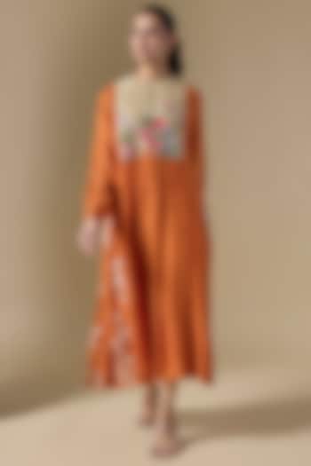 Orange Fine Chanderi Hand Embroidered Vacation Dress by Half Full Curve at Pernia's Pop Up Shop
