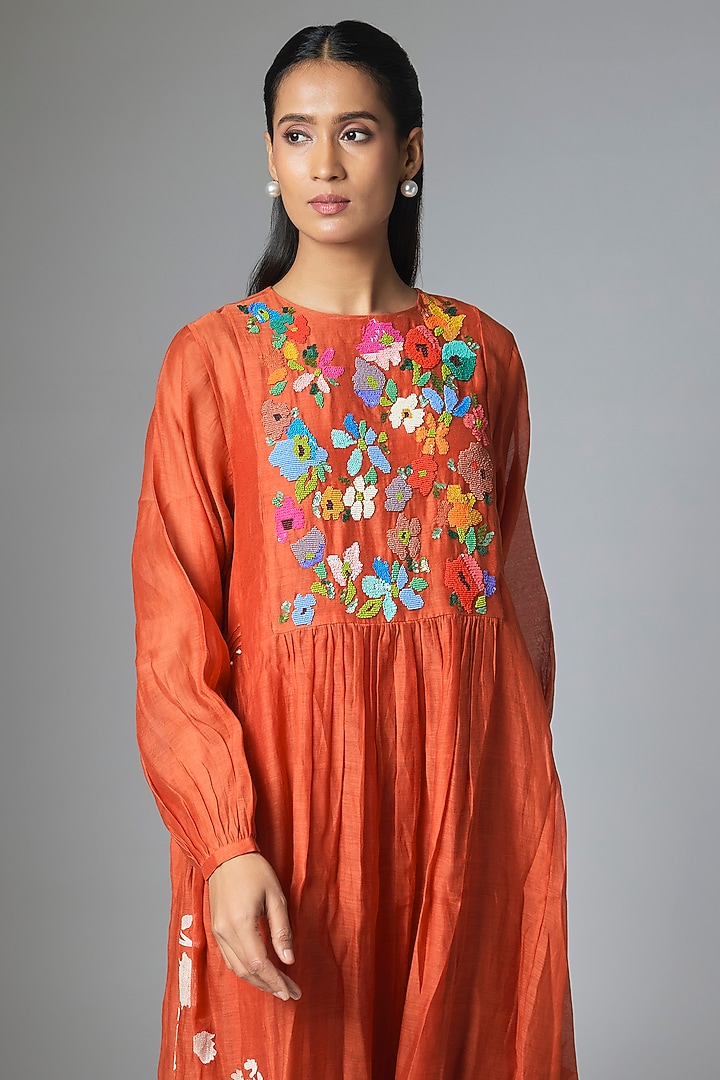 Orange Fine Chanderi Gathered Vacation Dress by Half Full Curve at Pernia's Pop Up Shop