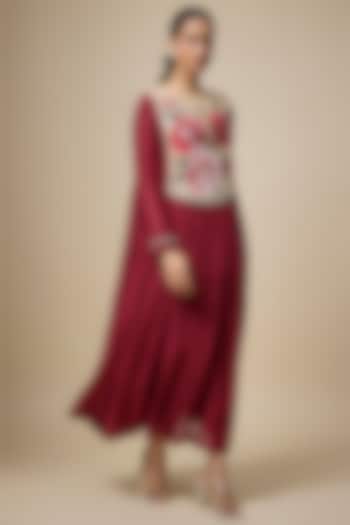 Red Fine Chanderi Hand Embroidered Cocktail Dress by Half Full Curve at Pernia's Pop Up Shop