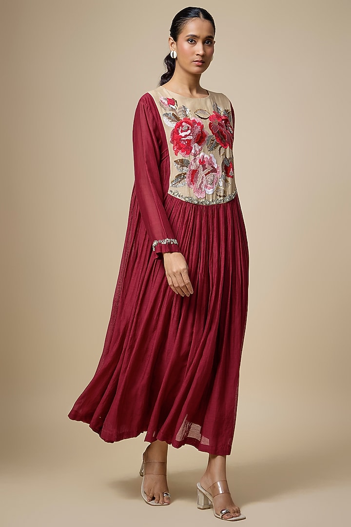 Red Fine Chanderi Hand Embroidered Cocktail Dress by Half Full Curve at Pernia's Pop Up Shop