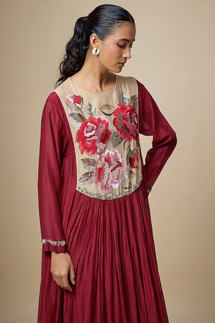Red Fine Chanderi Hand Embroidered Cocktail Dress by Half Full Curve at Pernia's Pop Up Shop