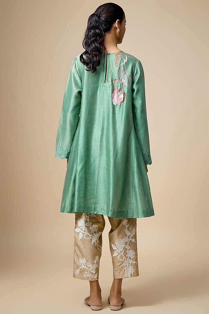 Green Fine Chanderi Thread Hand Embroidered Kalidar Kurta Set by Half Full Curve at Pernia's Pop Up Shop