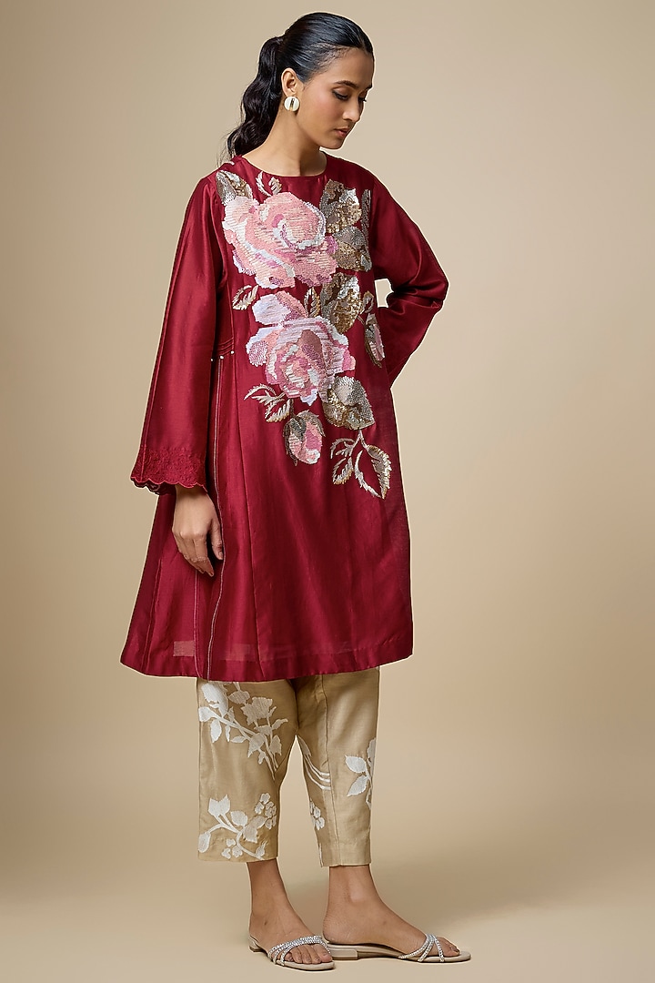 Red Fine Chanderi Thread Hand Embroidered Kalidar Kurta Set by Half Full Curve at Pernia's Pop Up Shop