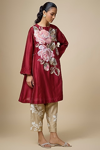 Red Fine Chanderi Thread Hand Embroidered Kalidar Kurta Set by Half Full Curve
