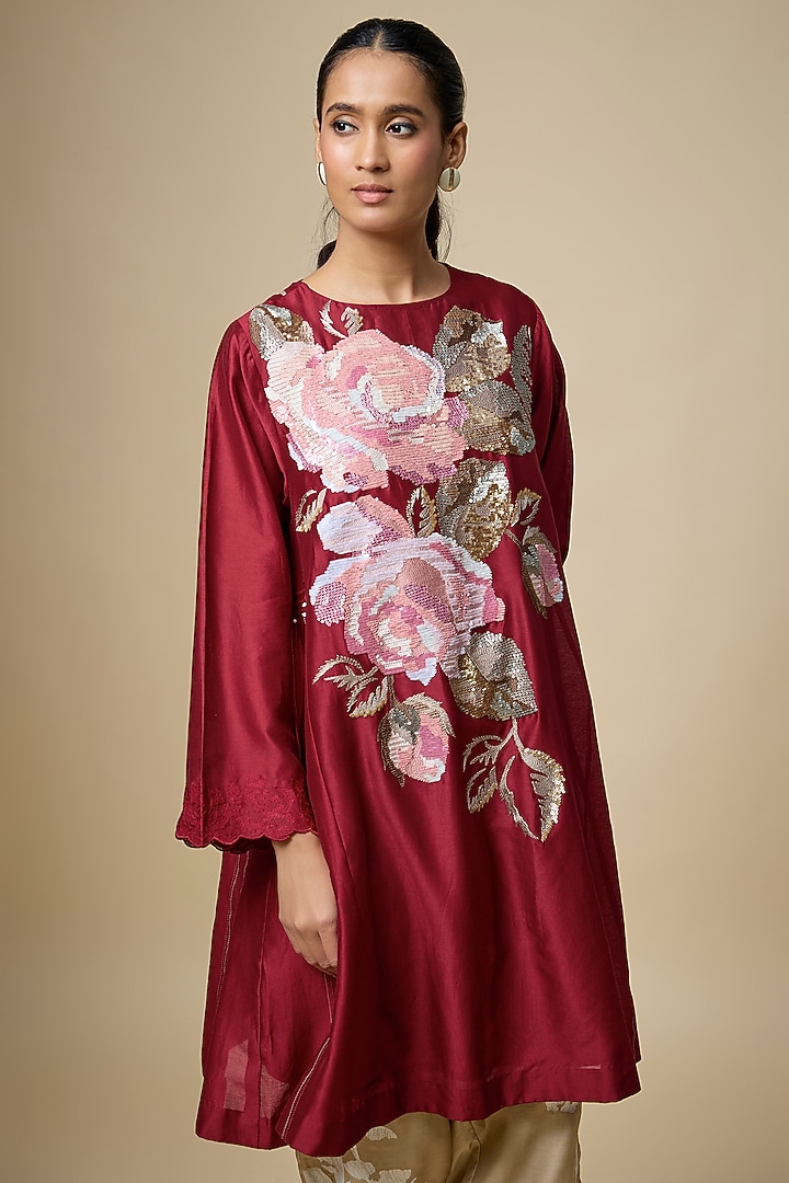 Red Fine Chanderi Thread Hand Embroidered Kalidar Kurta Set by Half Full Curve at Pernia's Pop Up Shop