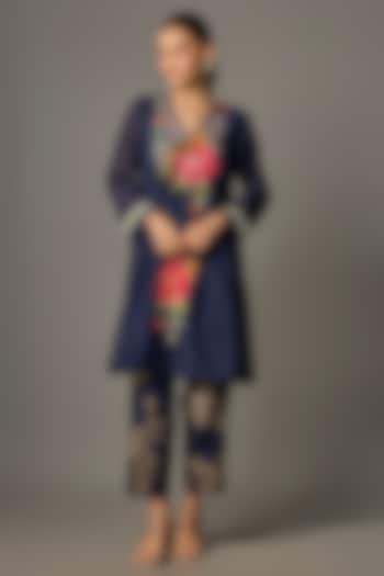 Blue Fine Chanderi Embroidered Kurta Set by Half Full Curve at Pernia's Pop Up Shop