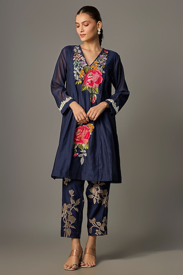 Blue Fine Chanderi Embroidered Kurta Set by Half Full Curve at Pernia's Pop Up Shop