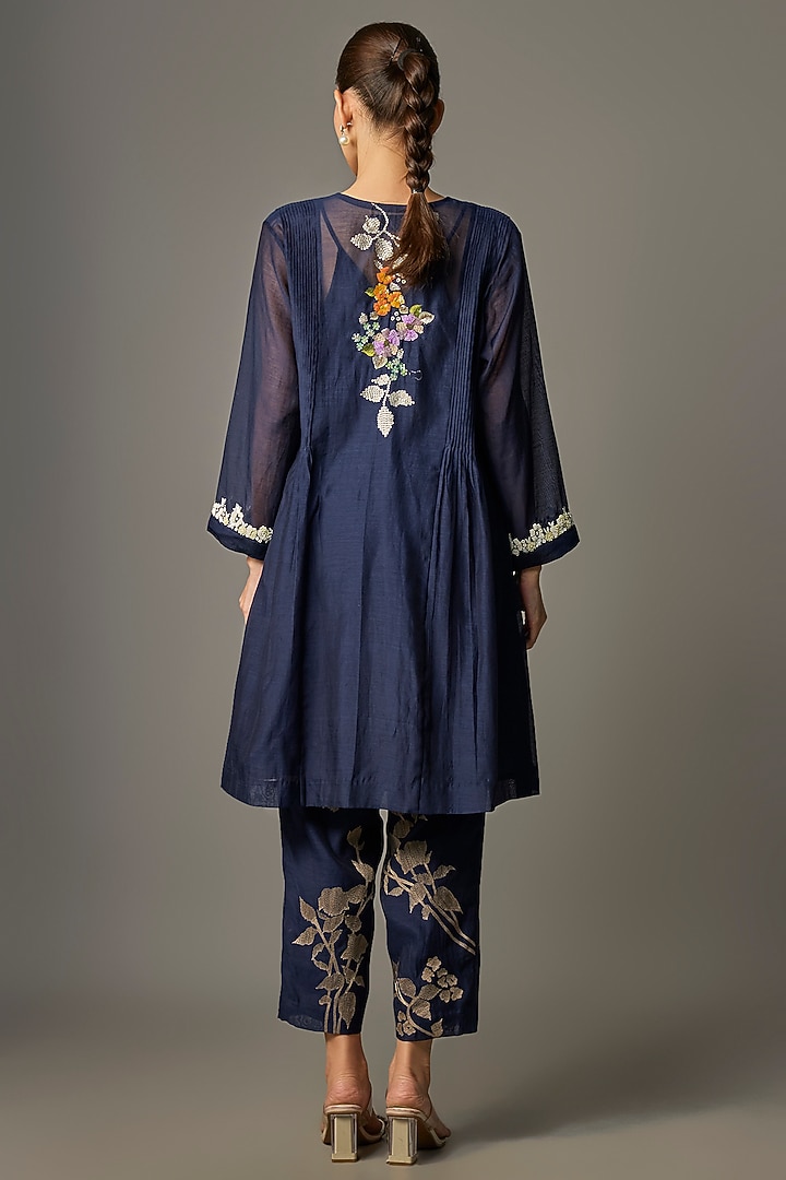 Blue Fine Chanderi Embroidered Kurta Set by Half Full Curve at Pernia's Pop Up Shop