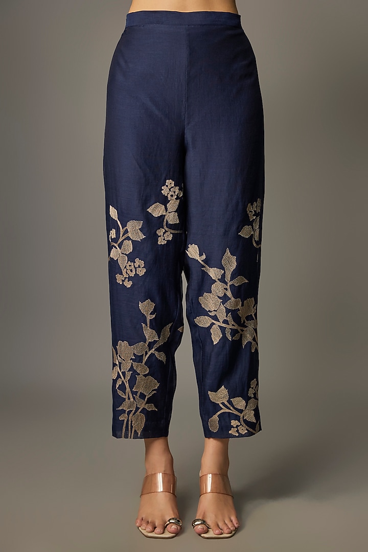 Blue Fine Chanderi Embroidered Kurta Set by Half Full Curve at Pernia's Pop Up Shop