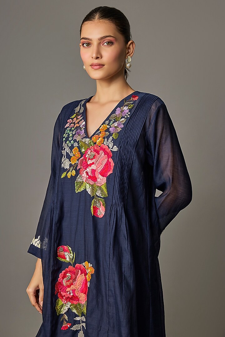 Blue Fine Chanderi Embroidered Kurta Set by Half Full Curve at Pernia's Pop Up Shop