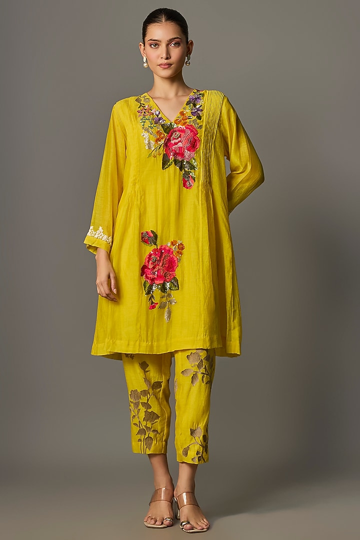 Yellow Fine Chanderi Embroidered Kurta Set by Half Full Curve at Pernia's Pop Up Shop
