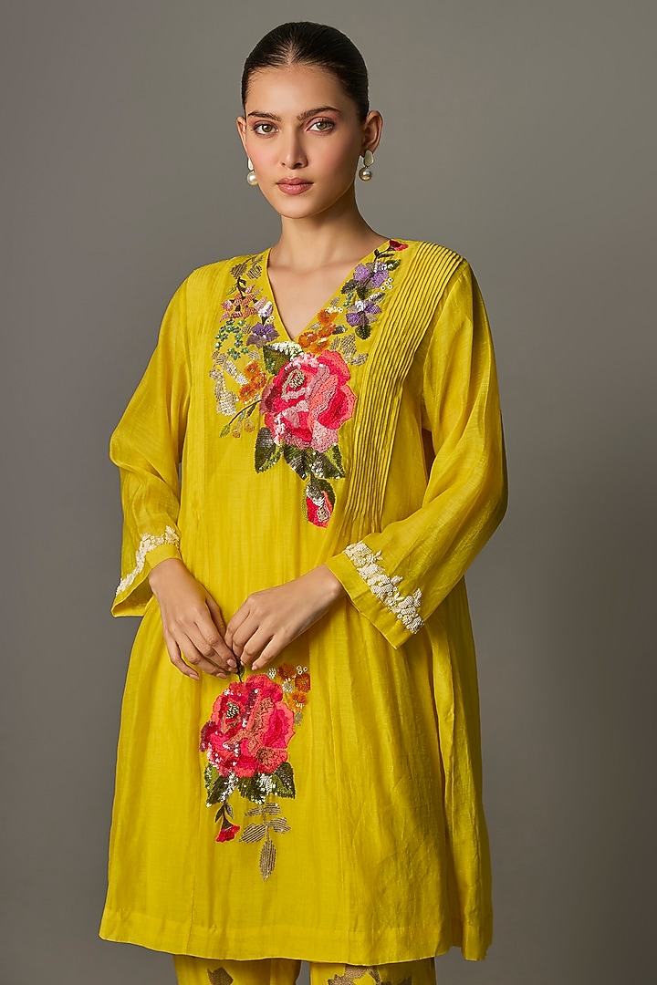 Yellow Fine Chanderi Embroidered Kurta Set by Half Full Curve at Pernia's Pop Up Shop