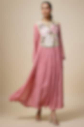 Pink Fine Chanderi Hand Embroidered Cocktail Dress by Half Full Curve at Pernia's Pop Up Shop