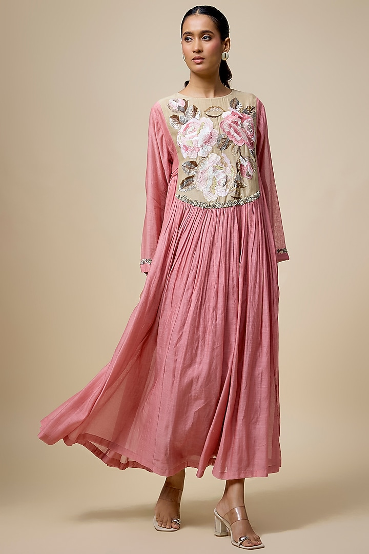 Pink Fine Chanderi Hand Embroidered Cocktail Dress by Half Full Curve at Pernia's Pop Up Shop