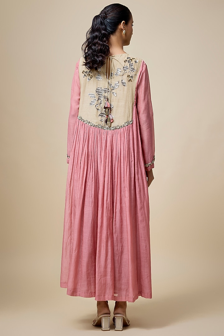 Pink Fine Chanderi Hand Embroidered Cocktail Dress by Half Full Curve at Pernia's Pop Up Shop