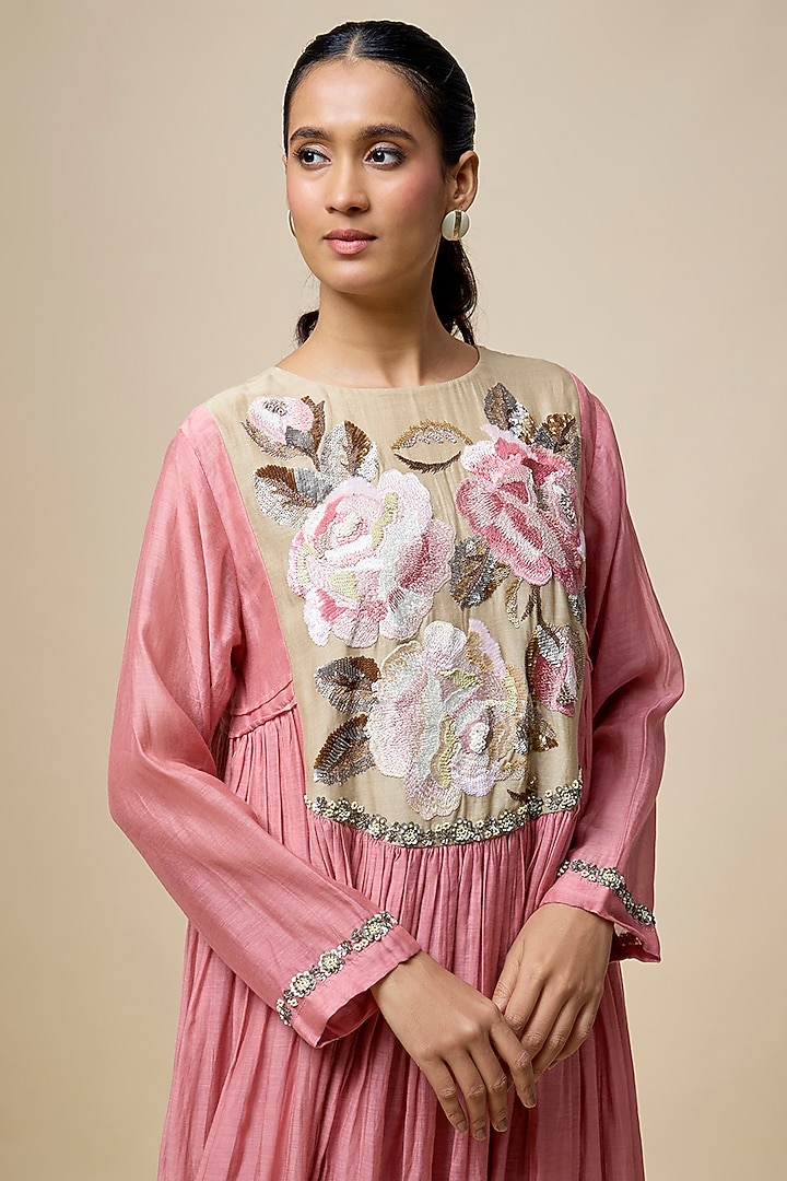 Pink Fine Chanderi Hand Embroidered Cocktail Dress by Half Full Curve at Pernia's Pop Up Shop