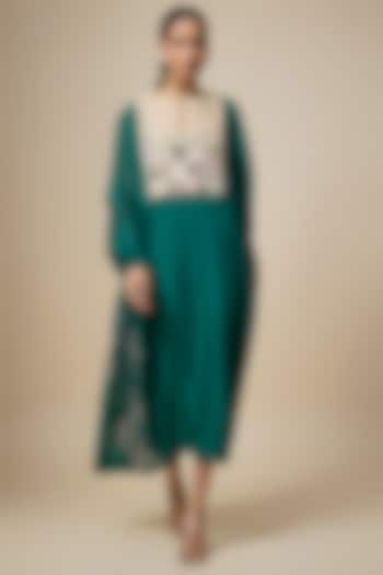 Green Fine Chanderi Floral Embroidered Gathered Vacation Dress by Half Full Curve at Pernia's Pop Up Shop