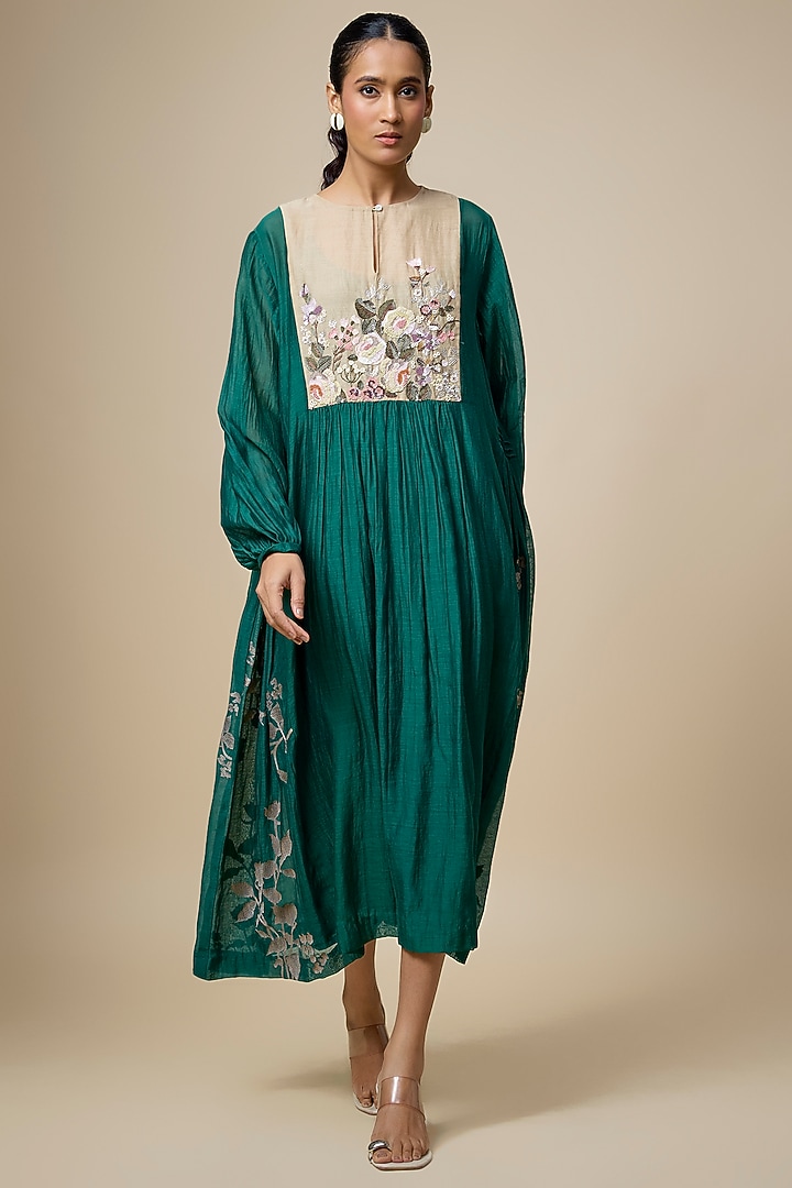 Green Fine Chanderi Floral Embroidered Gathered Vacation Dress by Half Full Curve at Pernia's Pop Up Shop