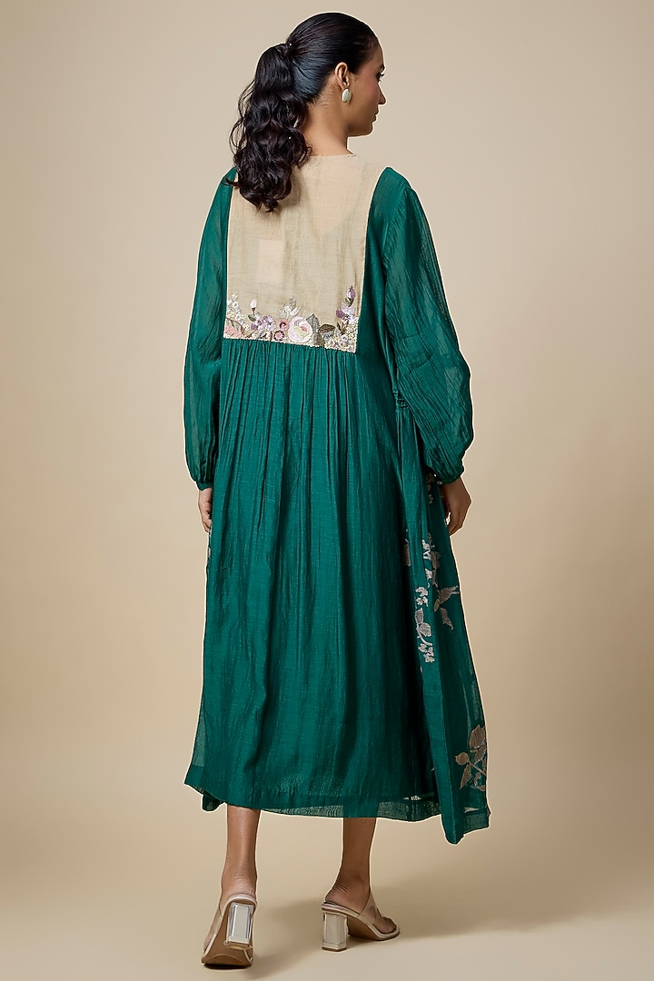 Green Fine Chanderi Floral Embroidered Gathered Vacation Dress by Half Full Curve at Pernia's Pop Up Shop