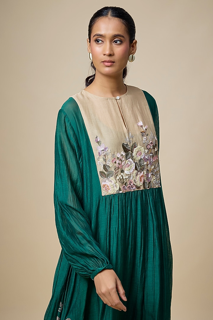 Green Fine Chanderi Floral Embroidered Gathered Vacation Dress by Half Full Curve at Pernia's Pop Up Shop
