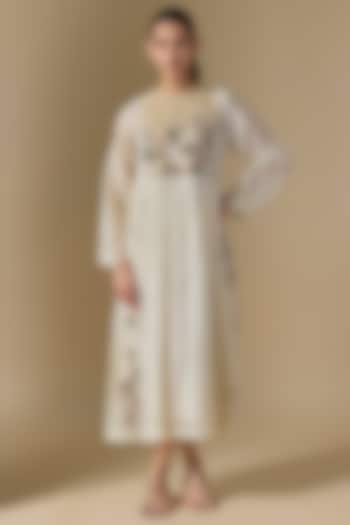 Ivory Fine Chanderi Hand Embroidered Vacation Dress by Half Full Curve at Pernia's Pop Up Shop