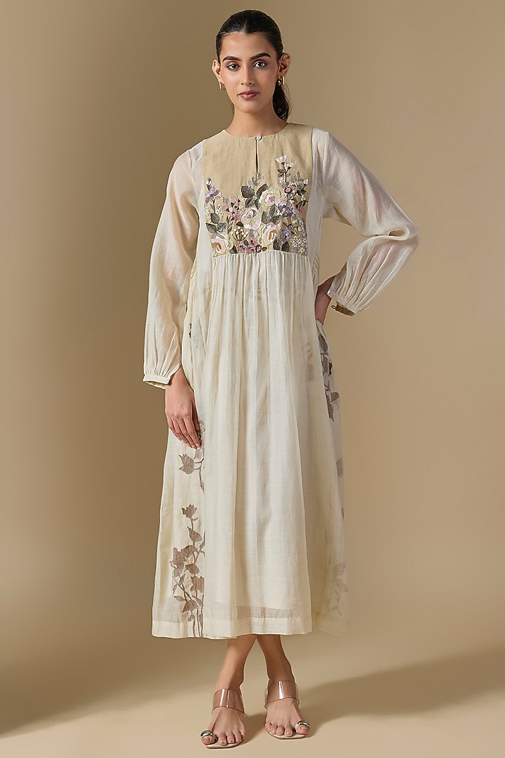 Ivory Fine Chanderi Hand Embroidered Vacation Dress by Half Full Curve at Pernia's Pop Up Shop