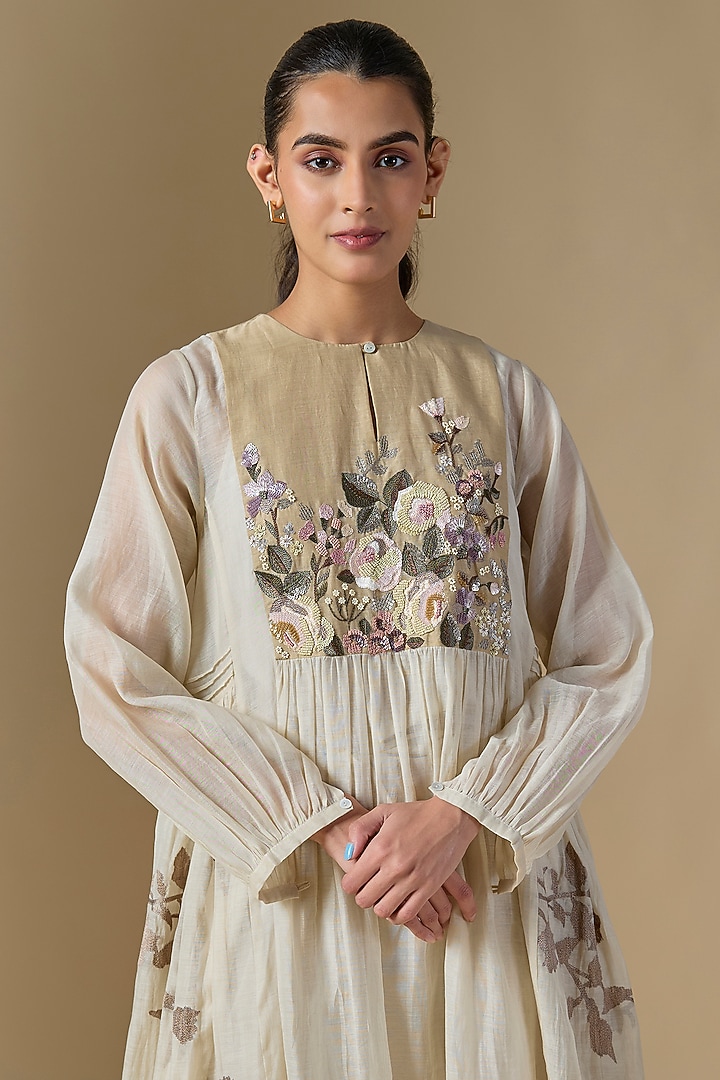 Ivory Fine Chanderi Hand Embroidered Vacation Dress by Half Full Curve at Pernia's Pop Up Shop
