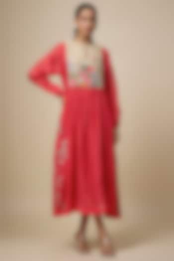 Red Fine Chanderi Floral Embroidered Gathered Vacation Dress by Half Full Curve at Pernia's Pop Up Shop