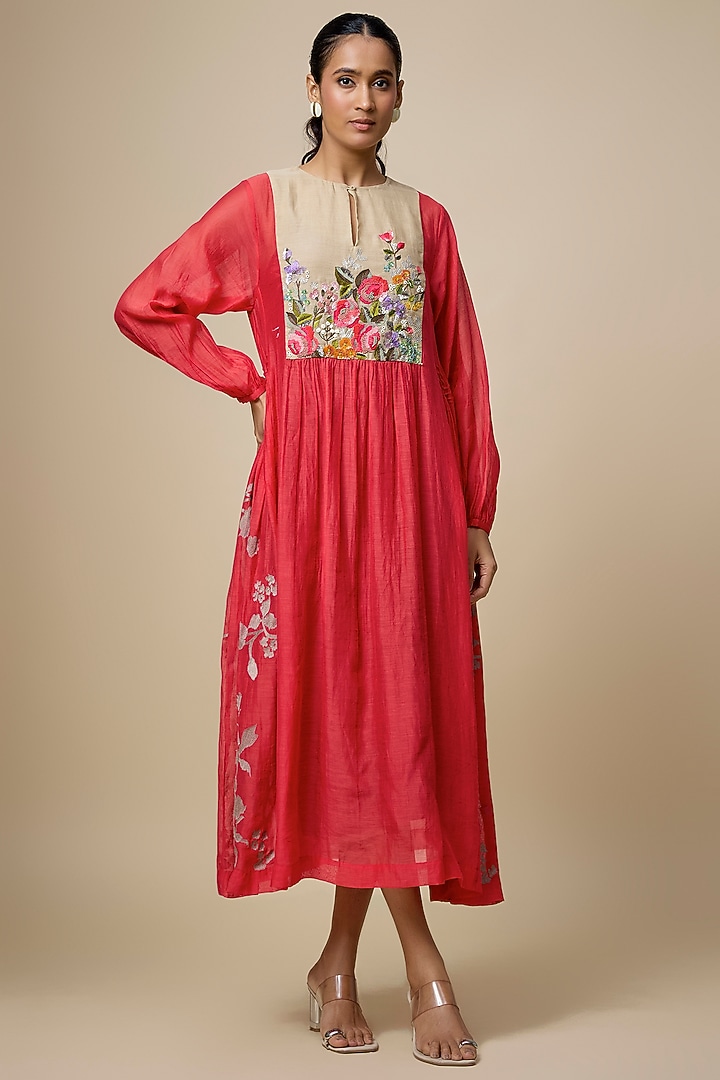 Red Fine Chanderi Floral Embroidered Gathered Vacation Dress by Half Full Curve at Pernia's Pop Up Shop