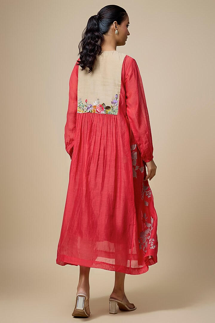 Red Fine Chanderi Floral Embroidered Gathered Vacation Dress by Half Full Curve at Pernia's Pop Up Shop