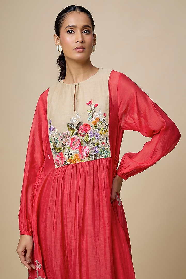 Red Fine Chanderi Floral Embroidered Gathered Vacation Dress by Half Full Curve at Pernia's Pop Up Shop