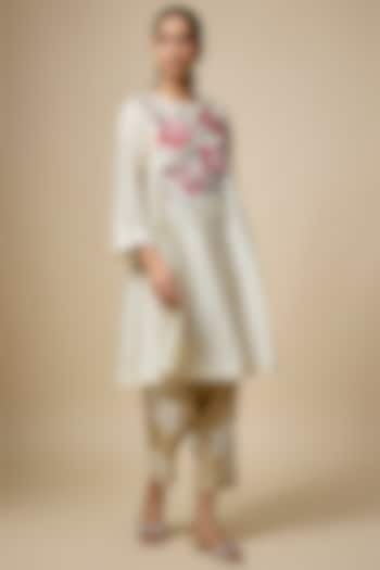 Ivory Heavy Chanderi Thread Hand Embroidered Short Wedding Anarkali Set by Half Full Curve at Pernia's Pop Up Shop