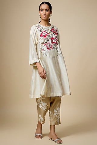 Ivory Heavy Chanderi Thread Hand Embroidered Short Anarkali Set by Half Full Curve