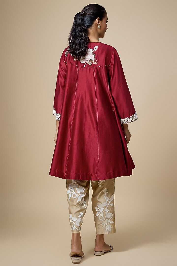 Red Heavy Chanderi Thread Hand Embroidered Short Wedding Anarkali Set by Half Full Curve at Pernia's Pop Up Shop