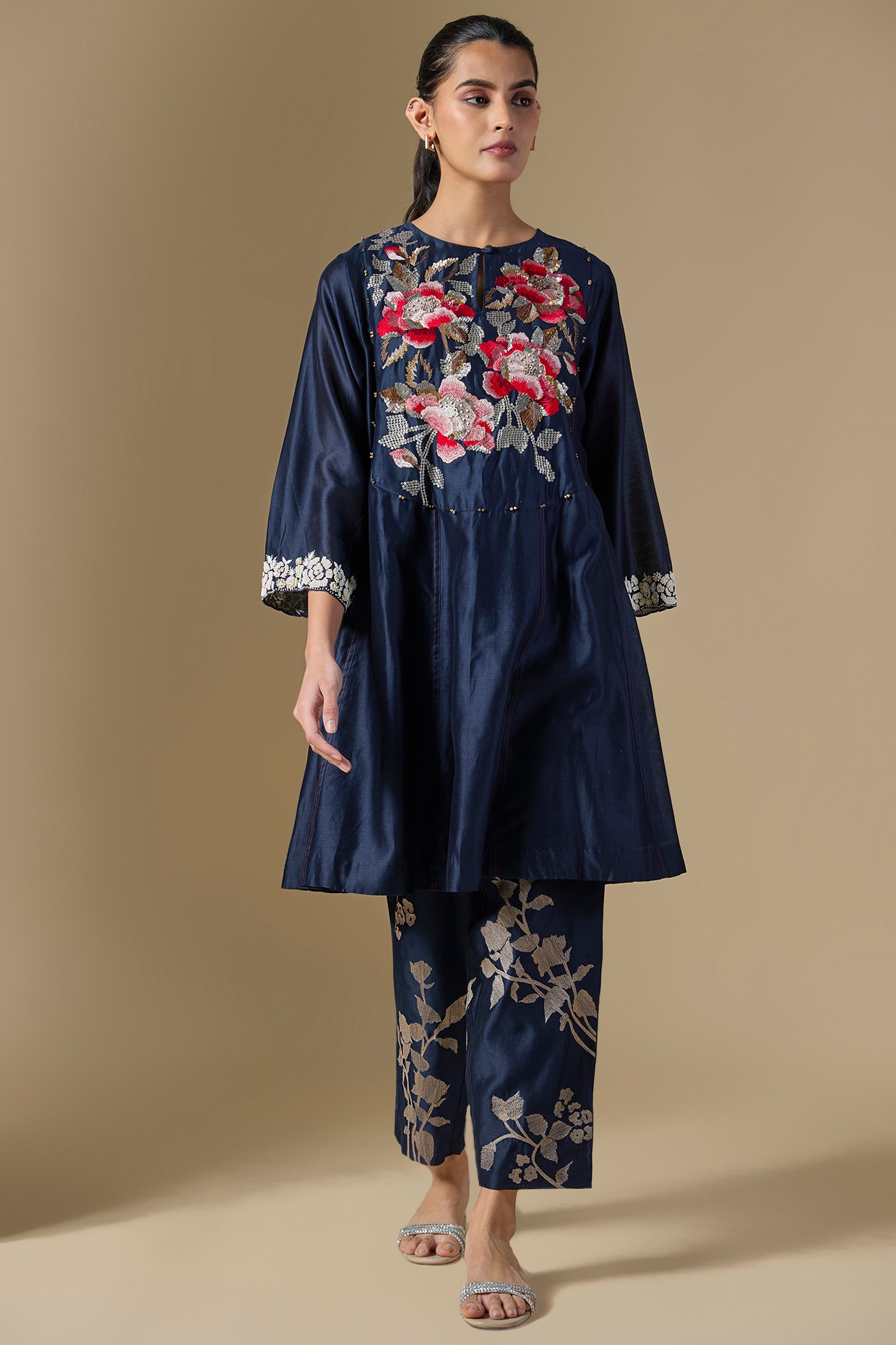 Half Full Curve Dark Blue Heavy Chanderi Hand Embroidered Anarkali Set