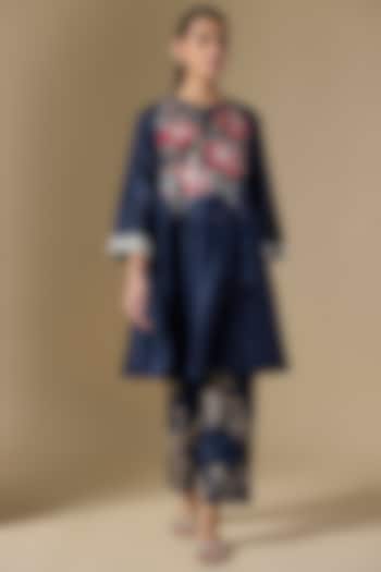 Dark Blue Heavy Chanderi Hand Embroidered Wedding Anarkali Set by Half Full Curve at Pernia's Pop Up Shop