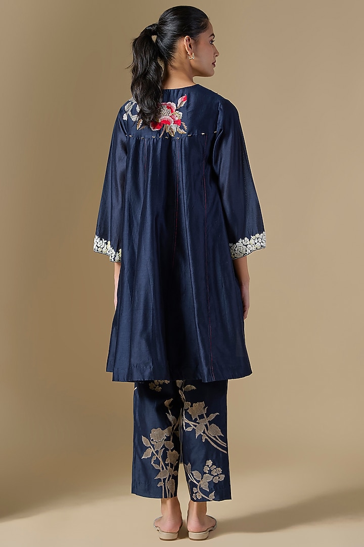 Dark Blue Heavy Chanderi Hand Embroidered Wedding Anarkali Set by Half Full Curve at Pernia's Pop Up Shop