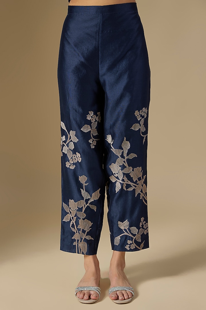 Dark Blue Heavy Chanderi Hand Embroidered Wedding Anarkali Set by Half Full Curve at Pernia's Pop Up Shop