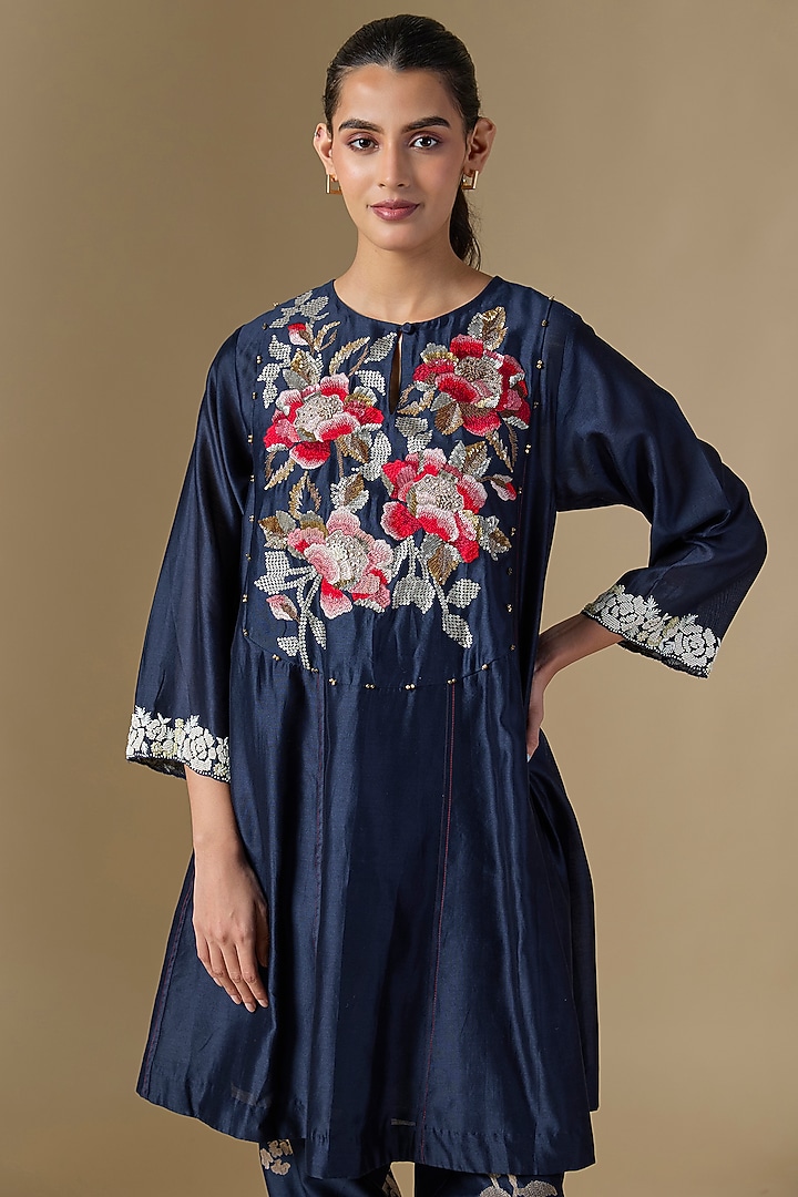 Dark Blue Heavy Chanderi Hand Embroidered Wedding Anarkali Set by Half Full Curve at Pernia's Pop Up Shop